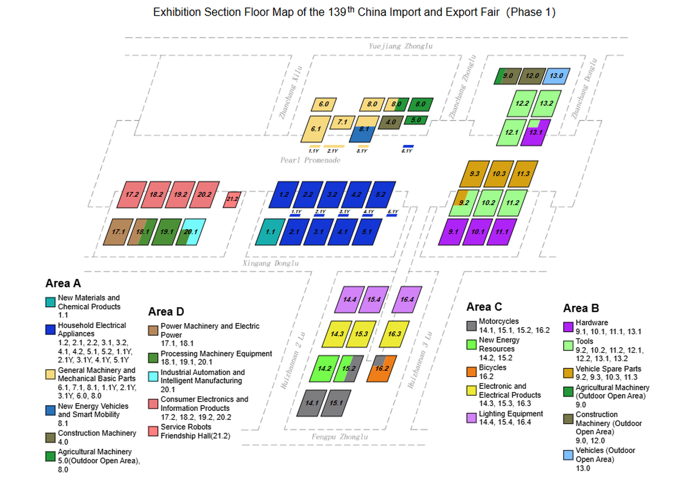 Official exhibition section floor map for Phase 1 of the 139th Canton Fair