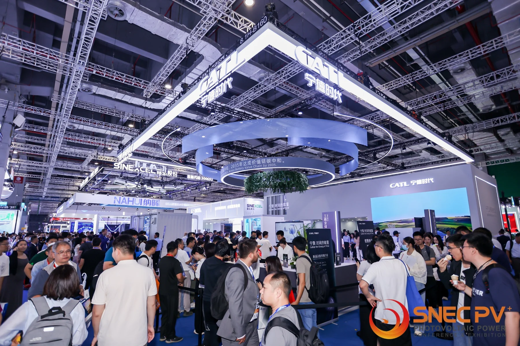 Energy-storage and renewable-energy booth at SNEC Shanghai with many visitors